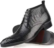 [Generic] Genuine Leather Ankle Boot for Men Work Boot Crocodile Block Heel Pointed Toe Business Lace Up Retro Men's Leather Shoes