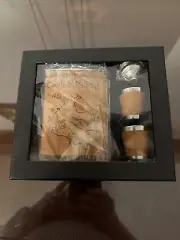 New In Box Leather Map And Stainless Hip Flask With 2 Small Glasses And Funnel