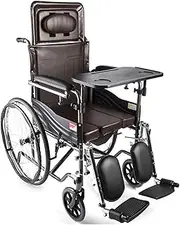 Wheelchair Reclining Wheelchair Commode Steel Bathroom Transport Shower Chair Foldable Lightweight Manual Wheelchair W/Dining Table Toilet Chair Scooter for Elderly Driving Trolley