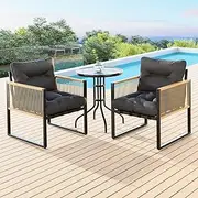ALFORDSON Outdoor Patio Bistro Set 3PCs UV-Resistant Dark Grey, 2X Armchairs & R60x70cm Dining Table Steel Frame Conversation Set, Lounge Sofa Chair & Side Coffee Table with Water-Resistant Cushions