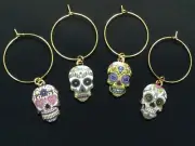 Wine Glass Charms - GOLD TONE - Set of 4 - Sugar skull Theme