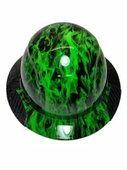Black and Green Flames Lift DAX Fifty 50 Carbon Fiber Full Brim HardHat