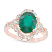 Oval Lab-Created Emerald and 0.20 CT. T.W. Diamond Antique Vintage-Style Frame Ring in Solid 10K Rose Gold