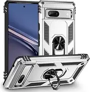TiHen Compatible for Case Google Pixel 7A, Magnetic Ring Holder 360°Full Body Protective Silicone Personalised Tough Armor Phone Case with Screen Protector-Silver