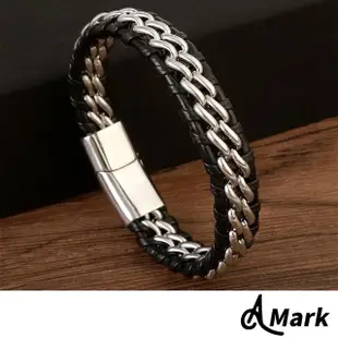 【A MARK】手工時尚鍊條皮革編織造型白鋼手環(白鋼手環 皮革手環 編織手環)