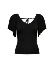 Only Ribbed Knit Top Flutter Sleeve Women Black