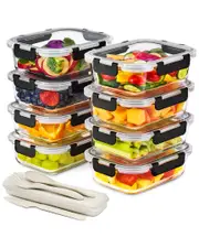 Sorbus Set of 8 Glass Meal Rectangle Prep Containers With Airtight Lids