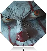 [PDZRMY] Scary Face Clown UV Protection Travel Umbrella Compact for Rain and Sun - Auto Open and Close UPF 50+ Windproof Portable 46” Sun Umbrella for Women and Men