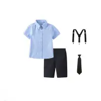 在飛比找Yahoo!奇摩拍賣優惠-兒童藍色襯衫短袖黑短褲套裝 表演套裝 童裝 花童禮服