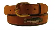 Zep-Pro Embroidered Leather Canvas Belt LARGE MOUTH BASS BROWN on OLIVE
