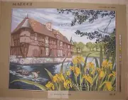 NEEDLEPOINT CANVAS MANOR House with Exposed Wood Beams & Yellow Iris by Margot