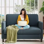 Small 2-Seater Sofa, 130 cm Mini Couch, Small, Cosy Small Sofa for Teenager's Room, Tool-Free Setup of Mini Sofa, 2-Seater Sofas and Couchs Made of Solid Wood, Small Sofas Living Room, Blue Grey
