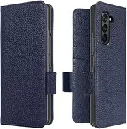 LANJLM Samsung Galaxy Z Fold 5 5G Wallet Case Genuine Leather Magnetic Buckle Flip Case Card Holder Shockproof Flip Cover - Royal Blue