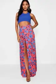 BOOHOO DIXIE BLUE ROSE RED PRINT BODYCON SKIRT THIGH SPLIT MAXI UK 8 XS BNWT