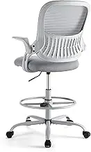 Sweetcrispy Tall Drafting Desk Chair - Ergonomic High Stool Computer with Adjustable Height and Comfy Lumbar Support, Office Rolling Counter for Standing Desk with Flip-up Arm and Footrest, Grey