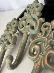 3 New Hand painted Green Gold Accent Hooks Bags Keys Wall Iron Rustic Industrial