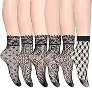 [changyexi] 6 Pairs Women's Black Lace Socks Women, Ankle Socks - Elegant Lacy Fishnet Socks for Women, Black, One Size