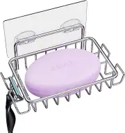 Stainless Steel Adhesive Soap Dish Bar Soap Holder 4 Hooks Bathroom Organizer
