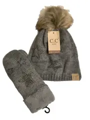 C.C Kids Light Grey beanie with Matching Mittens rhinestone stars pattern