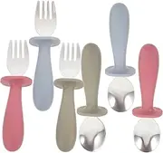 Cabilock Infant Feeding Spoon Fork Set Stainless Steel Silicone Toddler Utensils for Grasp Training Hand-Eye Coordination Compact Easy to Clean