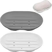 2Pcs Silicone Soap Dish Tray and Sponge Holder,Adhesive Bar Soap Holder with Drip Trays,Double Layer Soap Tray,Soap Holder Soap Dish Shower Bar Soap Holder (White Grey)