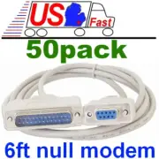 Lot50pk 6ft DB9 FEMALE~DB25 pin MALE Serial Null Modem Data Cable,Nul wired Cord