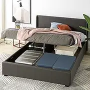 Double Bed Frame, Zinus Fabric Upholstered Bed Base with Gas Lift Storage, Dark Grey, Bedroom Furniture