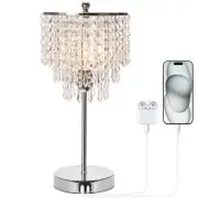 Touch Control Crystal Table Lamp with USB C+A Charging Ports, 3-Way Dimmable ...