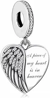 [Mon & Sons] A Piece Of My Heart Is In Heaven Angel Wing Memorial Charm Bead Pendant 925 Sterling Silver Dangle Compatible With Pandora Charm Bracelet, Metal