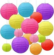 Paper Lanterns, 16 Pcs Round Colorful Paper Lantern with Wire Ribbing, Multicolor Assorted Size 4'' 6'' 8'' 10'' Hanging Lanterns for Weddings, Parties, Celebrations, Patios Decoration