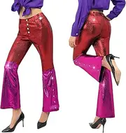 [C-ZOFEK] Disco Metallic Pants Women Bell Bottoms Stretchy Sequin Dance Party Costume 70s 80s