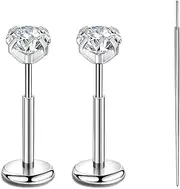 [Candyfancy] 2PCS Threadless Push in Lip Studs Nose Studs CZ Stainless Steel Cartilage Flat Back Earrings for Women Tragus Labret Conch Body Piercing Jewelry 18G/20G