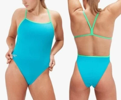 ☀️ New SPEEDO Size 14 Solid V Back Aqua/Green LINED One Piece Swimsuit RRP $90