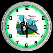 16" Hamm's Beer Land Of Sky Blue Water Sign Green Neon Clock Man Cave Garage Bar