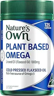Nature's Own Plant Based Omega Capsules 125 - Contains 1000mg Cold Pressed Flaxseed Oil - Fish Free Source of Omega 3, 6, & 9 Essential Fatty Acids - Supports General Health & Wellbeing