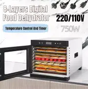 220/110V 8 Tray Food Dehydrator 24h Timer Stainless Steel Fruit Jerky Dryer Home