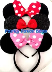 NEW 3 Minnie Mouse Headbands Black Plush Pink Red Polka Dots Shimmer Black Red