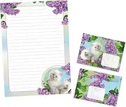 Writing Paper Set Letter Pad with Envelope for Boys Girls Kids Cat Purple Flowers (A4 Pad with 25 Sheets + 15 Envelopes)
