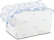 Quilted Makeup Bag Aesthetic Bow Cosmetics Bag Cute Coquette Makeup pouch Traval Toiletry Bag for Women Girls, blue, Large