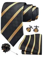 3.15"（8cm） Mens Stripe Tie and Lapel Pin Necktie Hankerchief Black / Gold