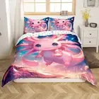 Girls Cute Axolotl Duvet Cover Queen Size Cartoon Cherry Salamander Bedding Set