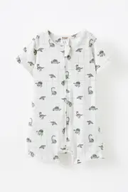 [Cotton On Kids] Cotton On Kids - The Short Sleeve Zip Romper - Vanilla/grid dino NEWBRN VANILLA/GRID DINO