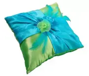 Elegant Feather Rhinestone Wedding Ring Pillow, Blue & Green Satin, Ring Bearer