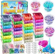 32 Colours DIY Slime Kit, Slime Making Kit for Girls, Crystal Clear Slime, Glow in The Dark Slime with Add-ins Foam Balls, Charms, Glitter, Gift Toy for Children