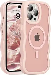 UEEBAI Magnetic for iPhone 13 Pro Max Case, Cute Cover Compatible with MagSafe, 2025 Transparent Clear Wave Design Wavy Frame Matte Phone Case, Pink