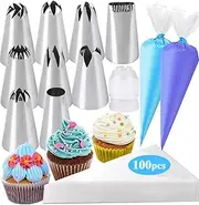 Large Piping Tips Set, Stainless Steel Frosting Tips with 100Pcs Disposable Pastry Piping Bags, Cake Decorating Tips Set for DIY Pastry Dough, Cookie, Cupcake, Cake