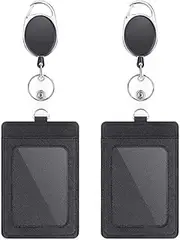 JZS Leather Badge Holders and Adjustable Retractable Lanyards, Quick Release Buckle and Safety Breakaway Lanyards with Swivel Metal Clasp for Offices, Staff, Students, Employees,2Pcs