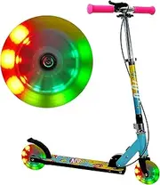 Velotouro Kick Scooter for Kids with LED Light-up Wheels, Adjustable Height, Handbrake and Patented One-Click Folding Mechanism for Boys and Girls, Pink, Yellow, Blue (LED Wheels), Ages 3+