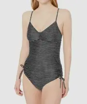 $195 Prana Women's Black Moorea Stripe Deep V-Neck One-Piece Swimsuit Size XS