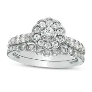 Lab-Created White Sapphire Frame Flower Bridal Engagement Ring Set in Sterling Silver